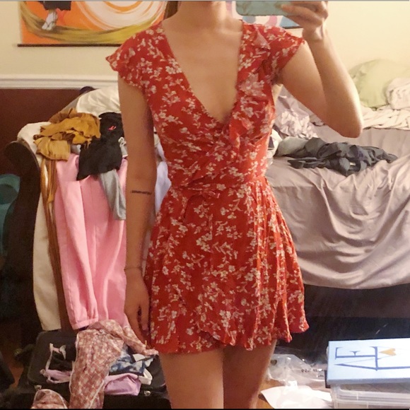 Zaful Red Orange Floral Wrap Mini Dress - Picture 1 of 4